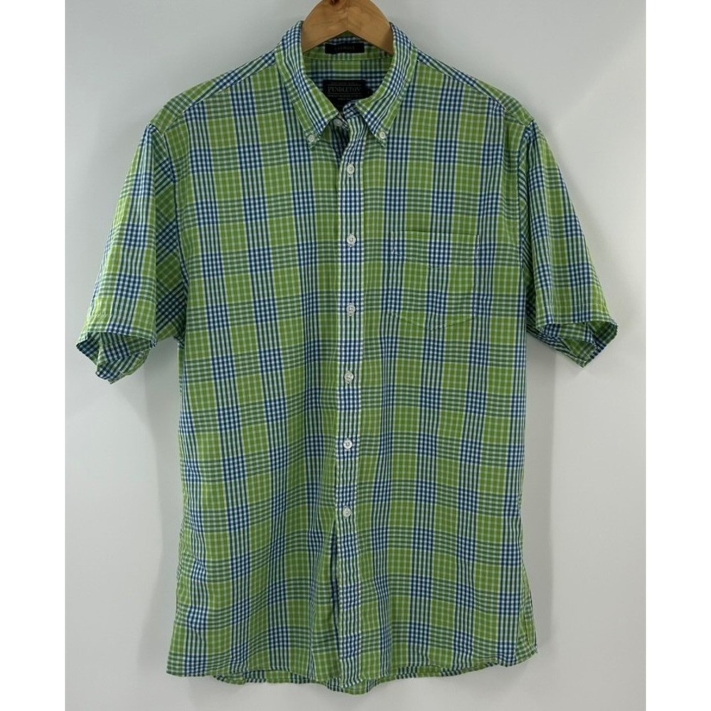 Pendleton Fremont Mens Large Green Blue Plaid Short Sleeve Button Down Shirt L
